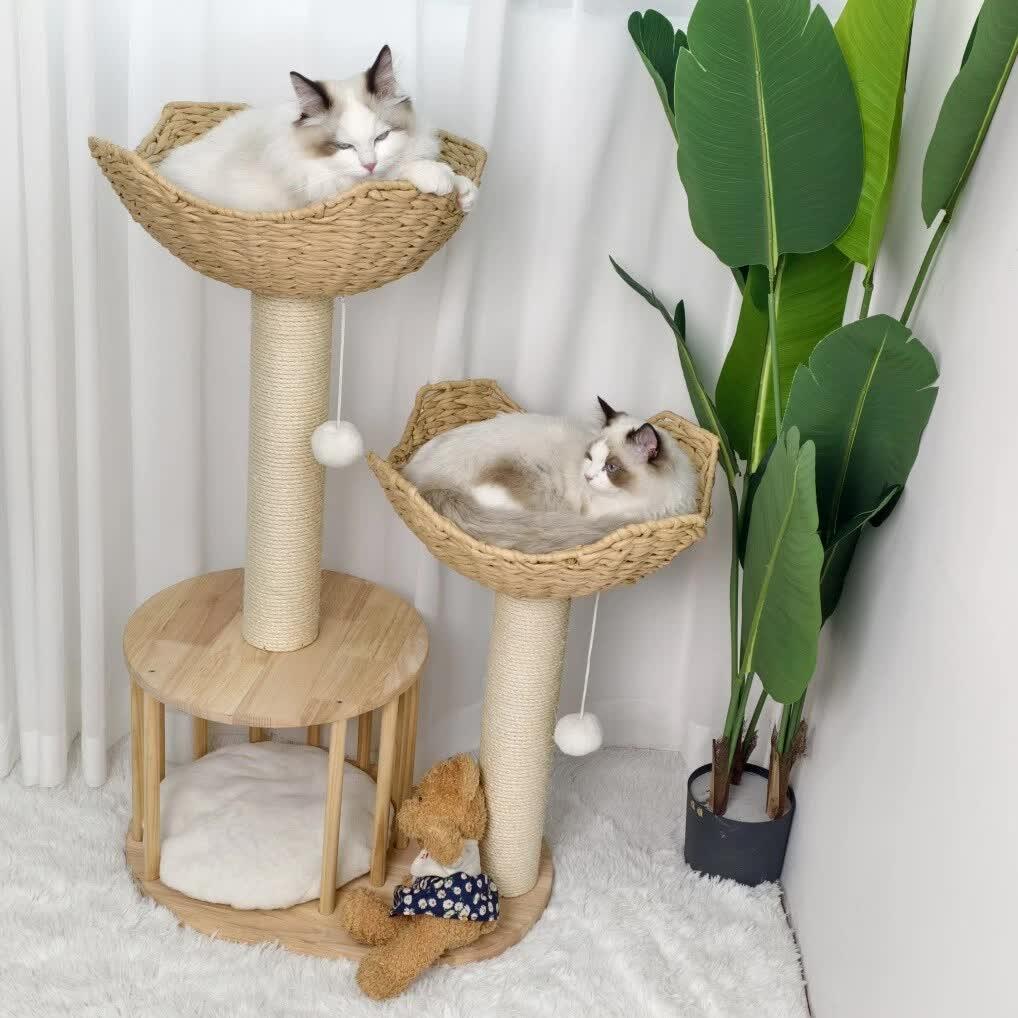 Natural Wood White 3-Tier Cat Tower with Scratching Post, Condo and Plush Baskets - Image 2