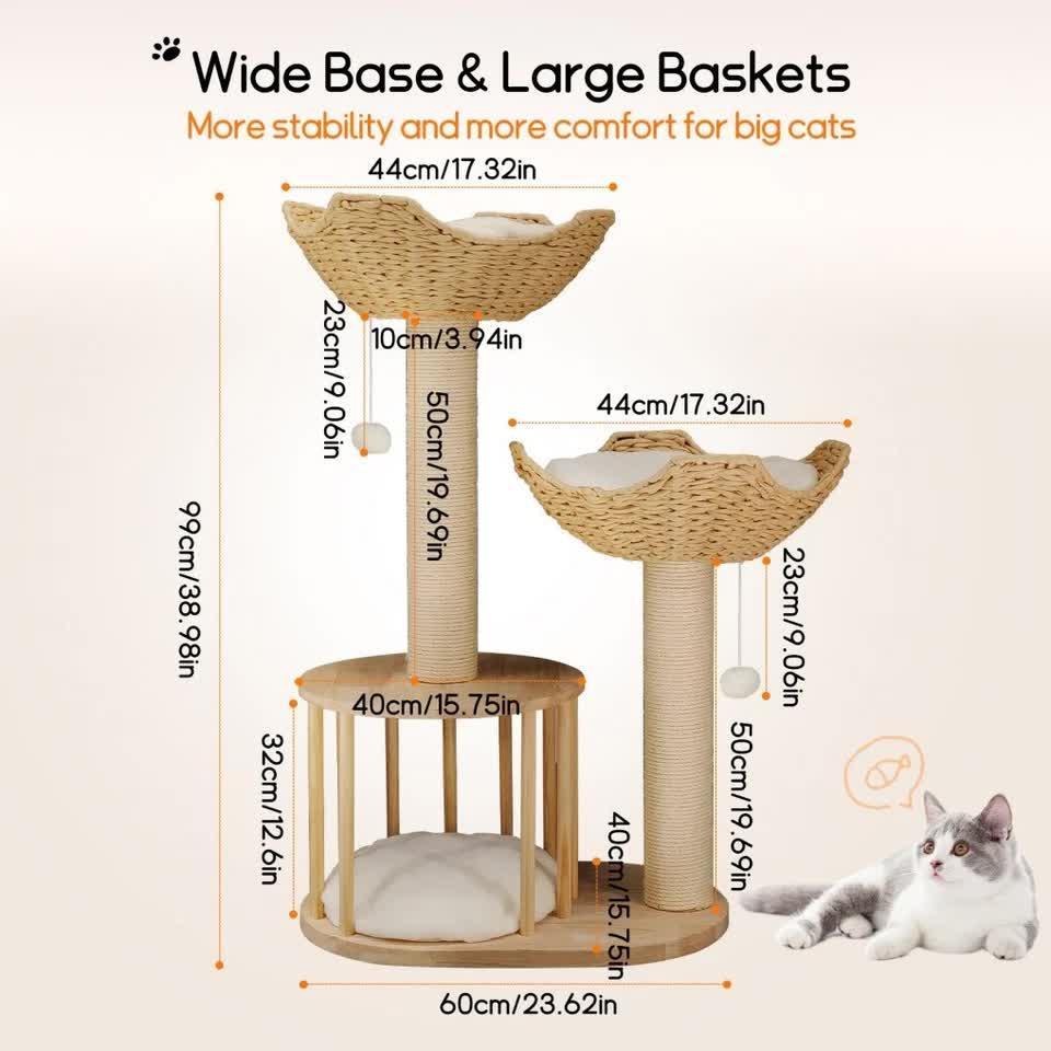 Natural Wood White 3-Tier Cat Tower with Scratching Post, Condo and Plush Baskets - Image 4