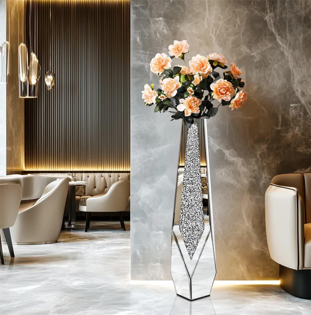 Silver Sparkling Diamond Floor Vase with Glass Inlay for Modern Living Room Decoration - Image 2