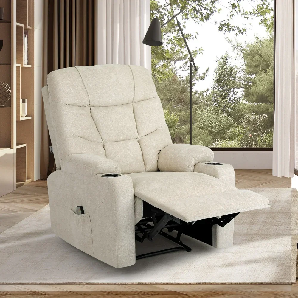 Recliner Chair Electric Massage Chairs Heated Polyester Beige - Image 7