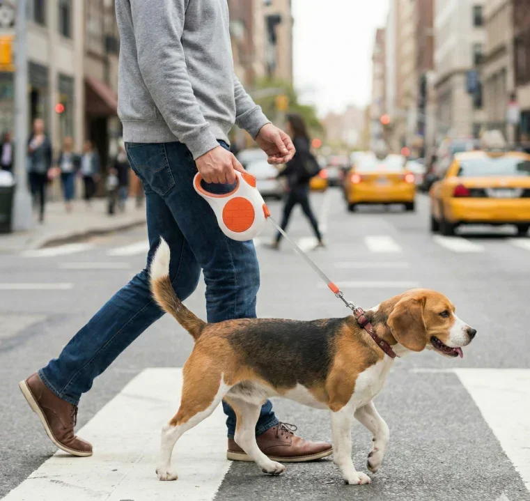 Retractable Dog Leash – 16.5 ft Automatic Walking Lead with One-Hand Brake Lock & Anti-Tangle Nylon Tape – Heavy-Duty 55 lb Capacity – Ideal for Small to Medium Dogs (White & Orange) - Image 5