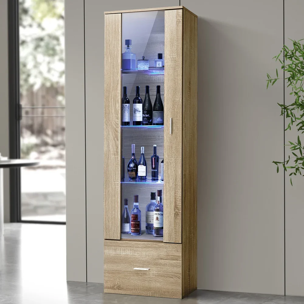 Display Cabinet Buffet Sideboard LED Light High Gloss Door Natural - Image 9