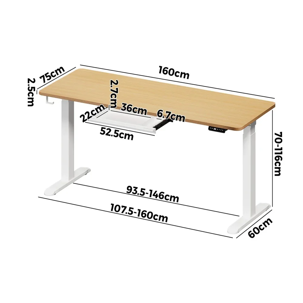 160cm Electric Standing Desk with Drawer Adjustable White Oak - Image 4