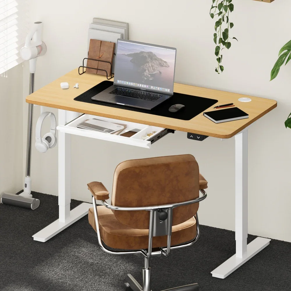 150cm Electric Standing Desk with Drawer Adjustable White & Oak - Image 7