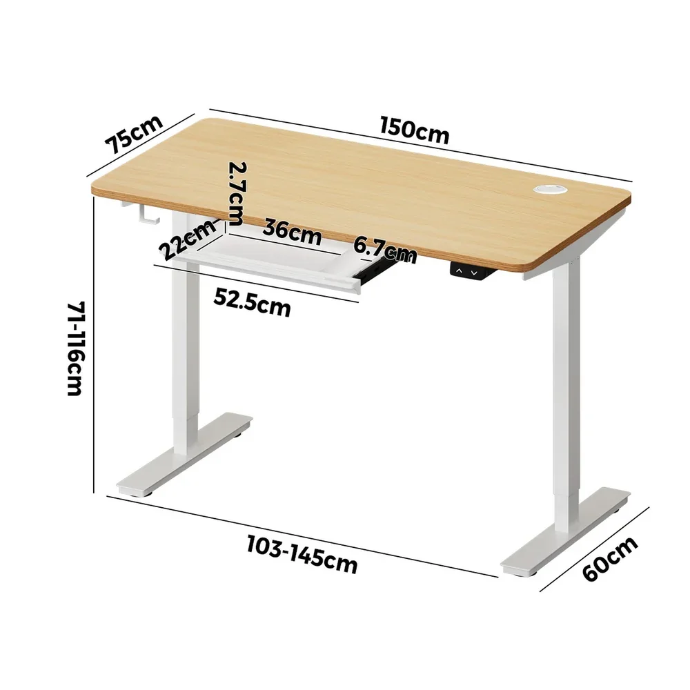 150cm Electric Standing Desk with Drawer Adjustable White & Oak - Image 9