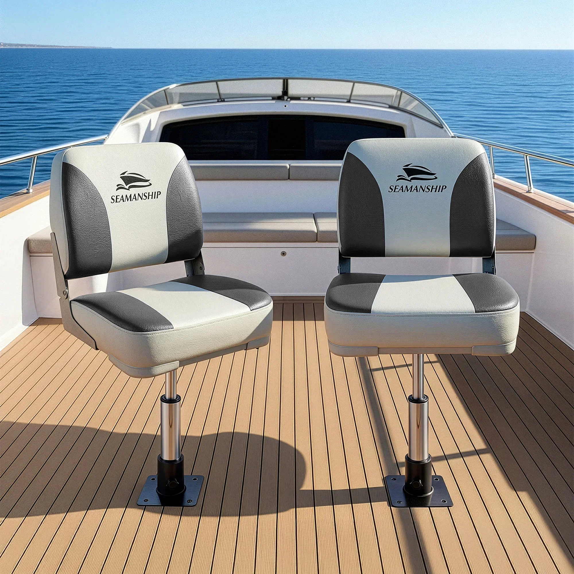 2X Folding Boat Seats with 2X Adjustable Pedestals 34–46cm Marine Swivel Low Back 13cm Padding Charcoal - Image 10