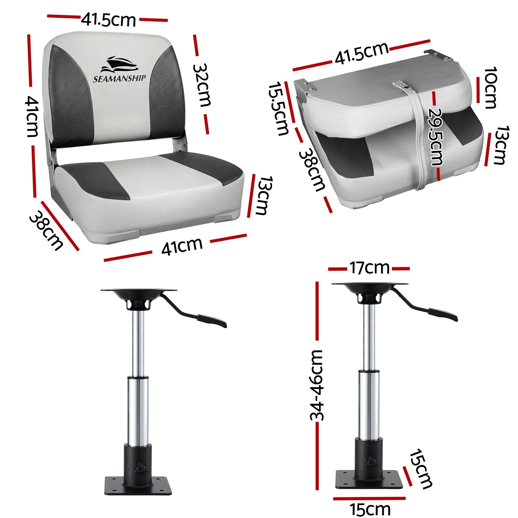 2X Folding Boat Seats with 2X Adjustable Pedestals 34–46cm Marine Swivel Low Back 13cm Padding Charcoal - Image 2