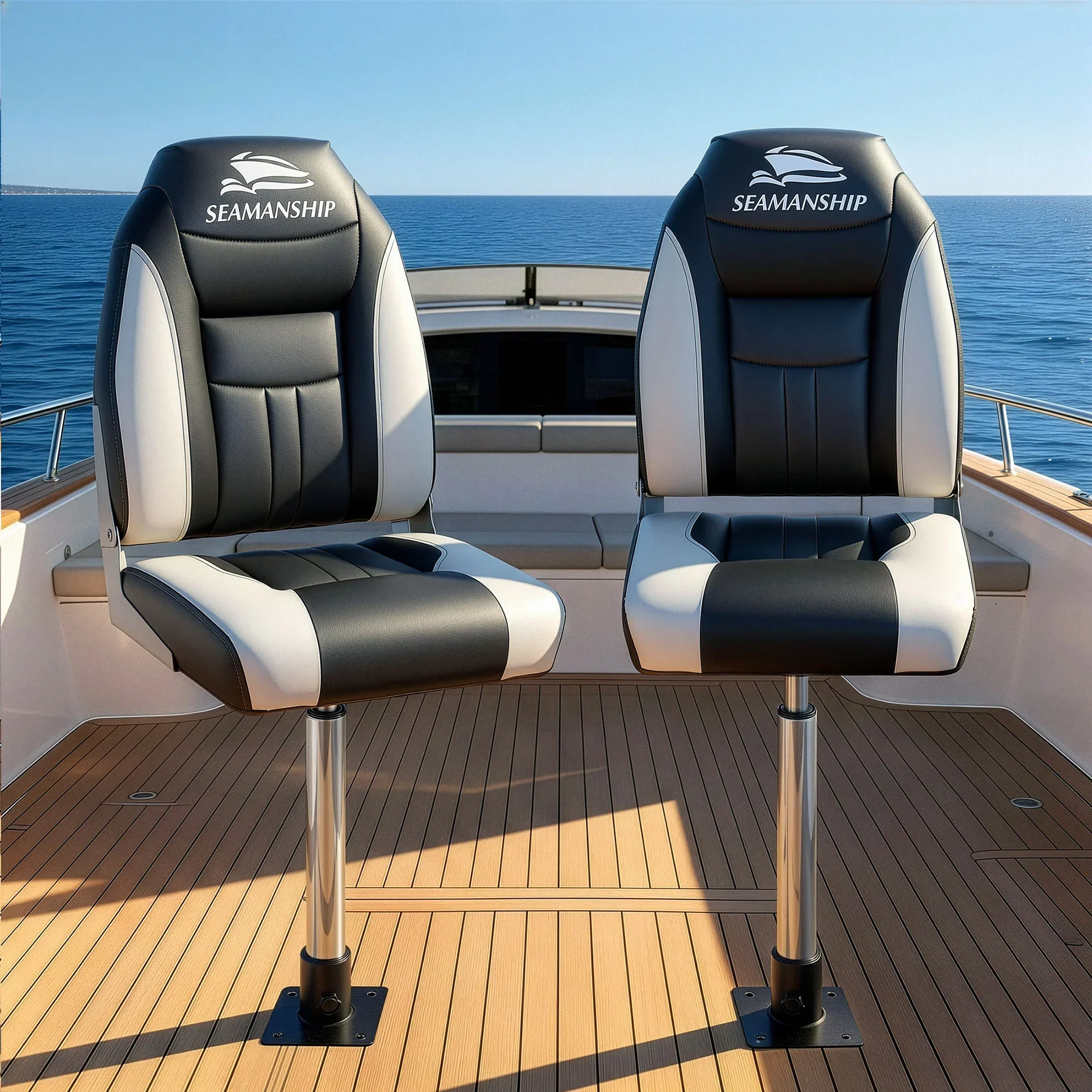 2X Folding Boat Seats with 2X Adjustable Pedestals 55–75cm Marine Seat Swivel High Back 12cm Padding Black - Image 10