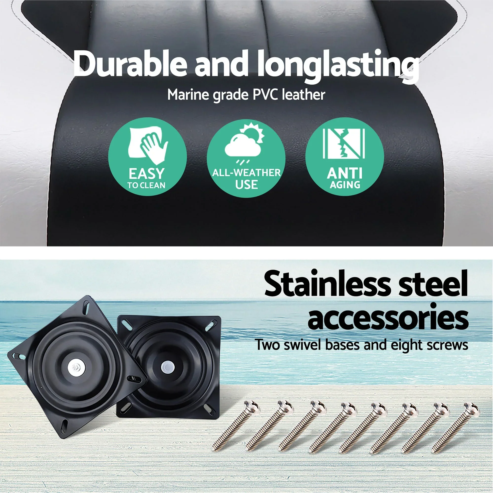2X Folding Boat Seats with 2X Adjustable Pedestals 55–75cm Marine Seat Swivel High Back 12cm Padding Black - Image 7