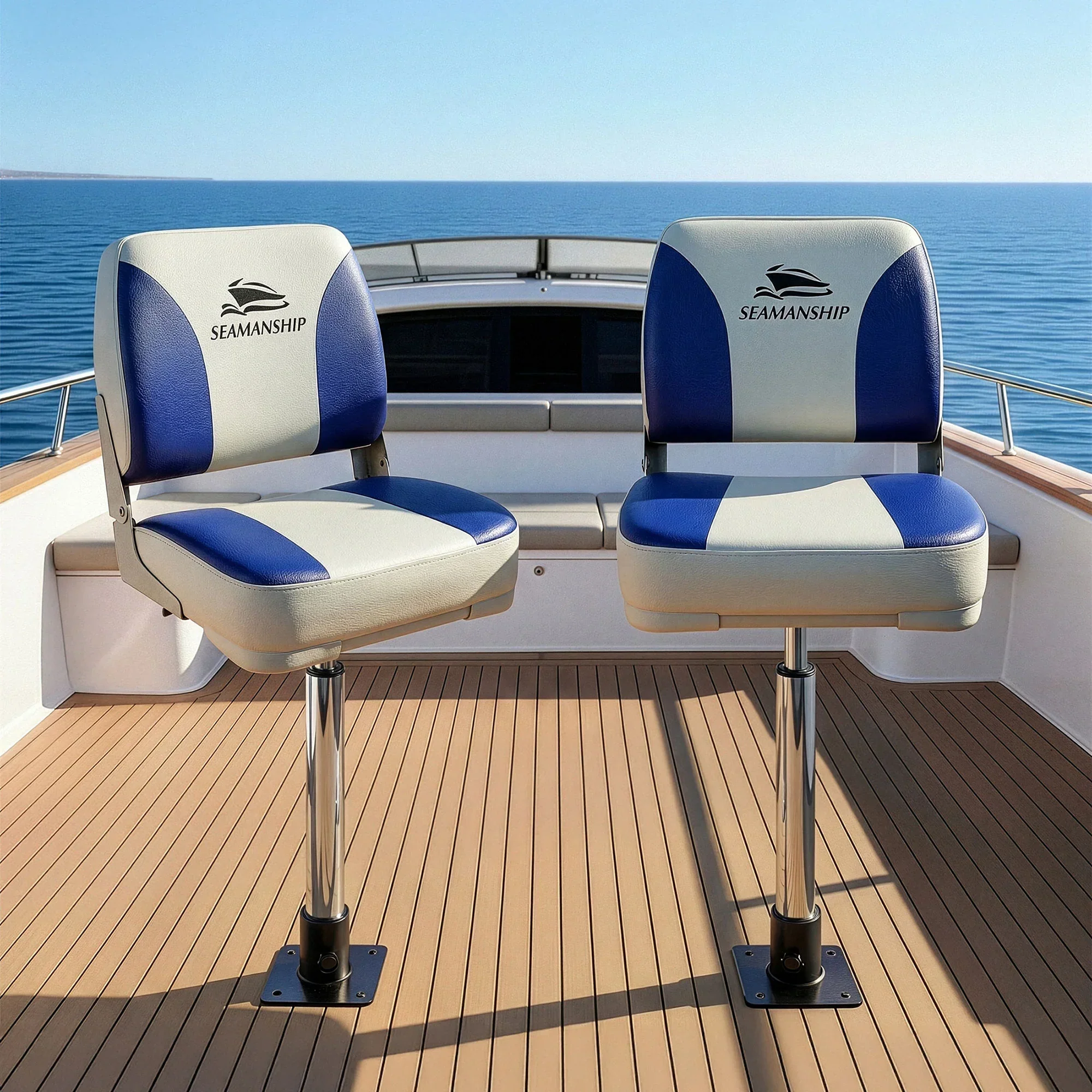 2X Folding Boat Seats with 2X Adjustable Pedestals 55–75cm Marine Swivel Low Back 13cm Padding White Blue - Image 10