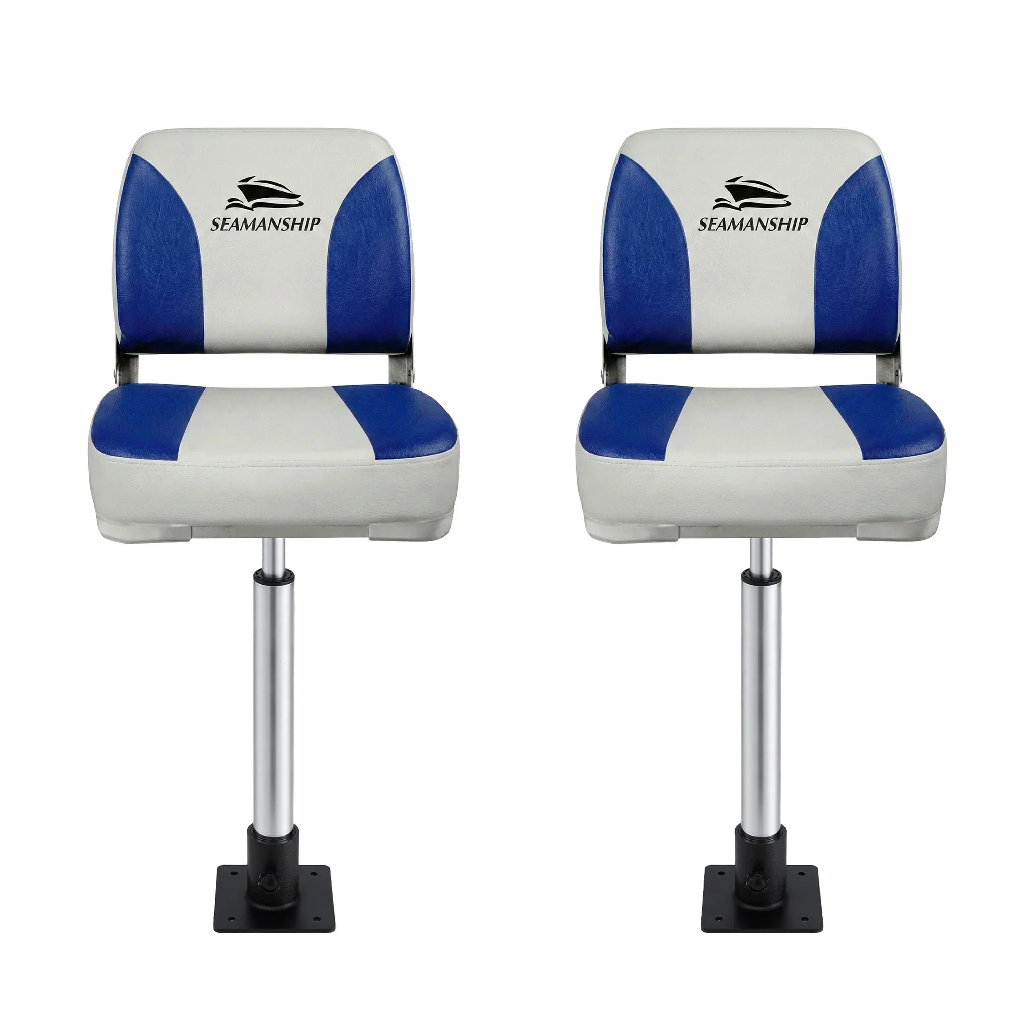 2X Folding Boat Seats with 2X Adjustable Pedestals 55–75cm Marine Swivel Low Back 13cm Padding White Blue - Image 3