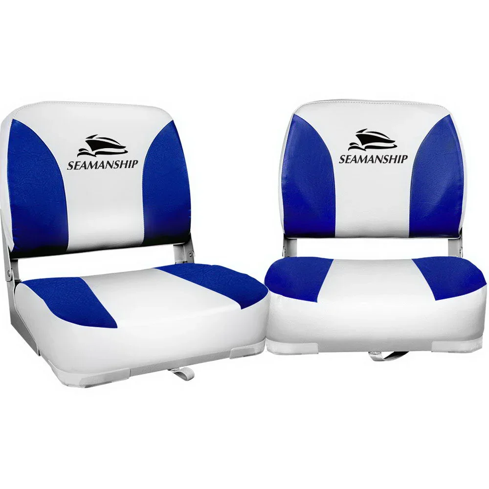2X Folding Boat Seats Marine Swivel Low Back 13cm Padding White Blue - Image 2