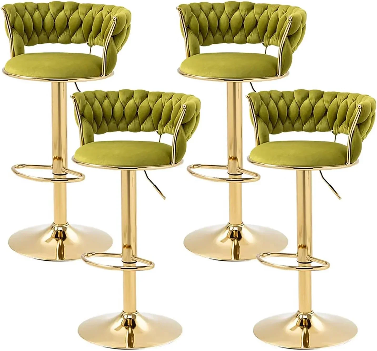 2x Height Adjustable Swivel Bar Stool Velvet Golden Base Barstools Chairs Padded Seat Olive Green - Image 2