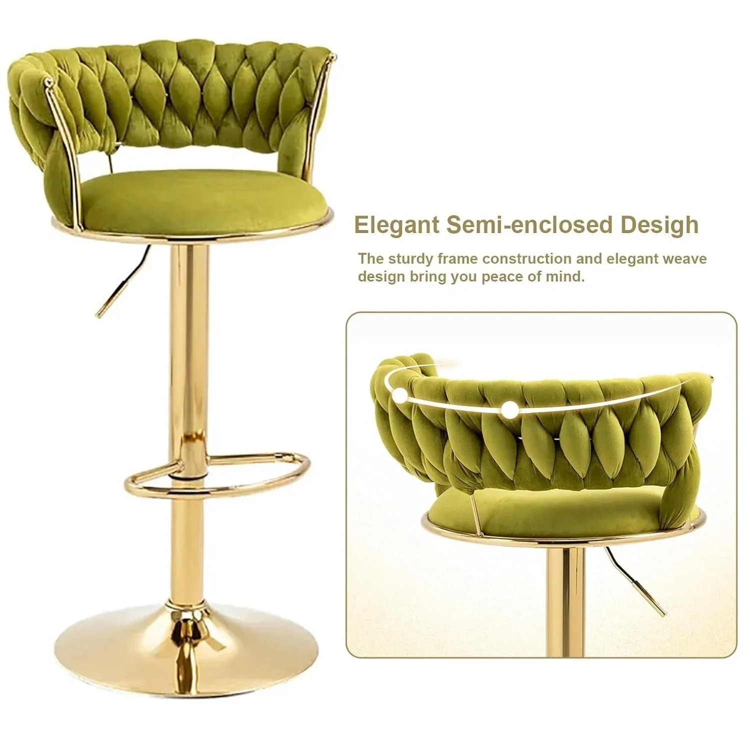 2x Height Adjustable Swivel Bar Stool Velvet Golden Base Barstools Chairs Padded Seat Olive Green - Image 4