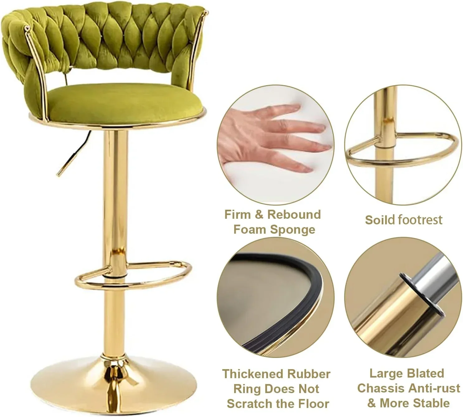 2x Height Adjustable Swivel Bar Stool Velvet Golden Base Barstools Chairs Padded Seat Olive Green - Image 5