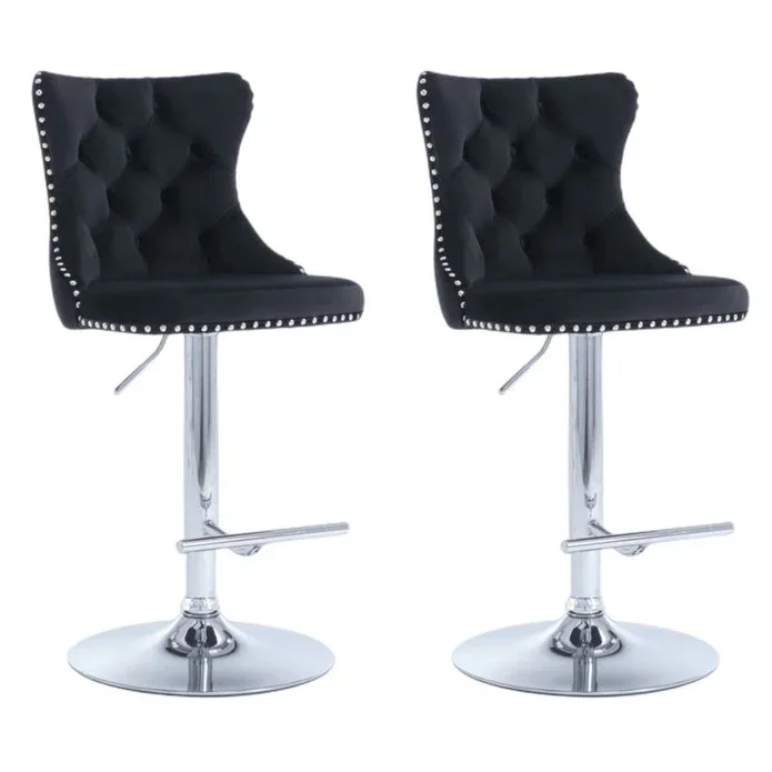 Black Velvet Bar Stools Adjustable Swivel Counter Height Chairs with Tufted Back and Nailhead Trim for Kitchen Island Pub Restaurant (2Pcs, Chrome Metal)