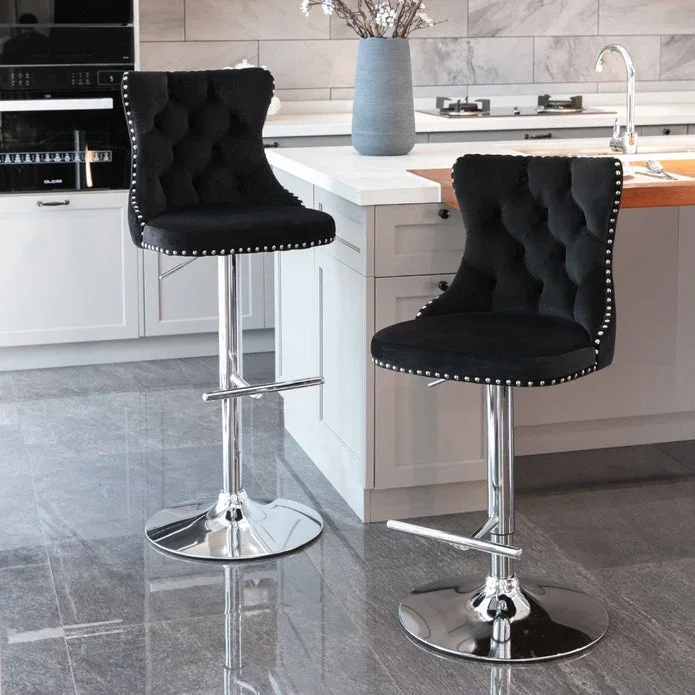 Black Velvet Bar Stools Adjustable Swivel Counter Height Chairs with Tufted Back and Nailhead Trim for Kitchen Island Pub Restaurant (2Pcs, Chrome Metal) - Image 2