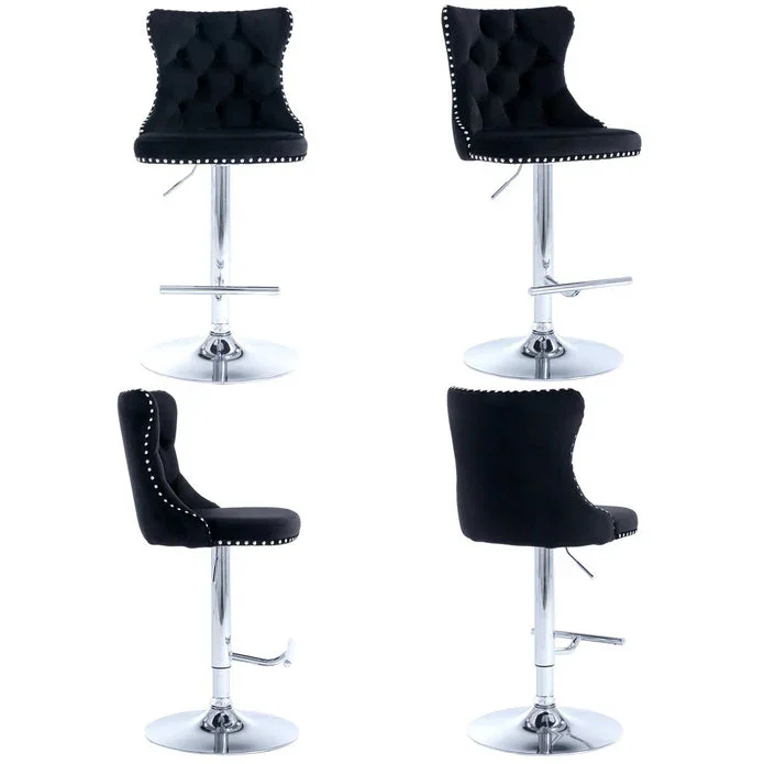 Black Velvet Bar Stools Adjustable Swivel Counter Height Chairs with Tufted Back and Nailhead Trim for Kitchen Island Pub Restaurant (2Pcs, Chrome Metal) - Image 3