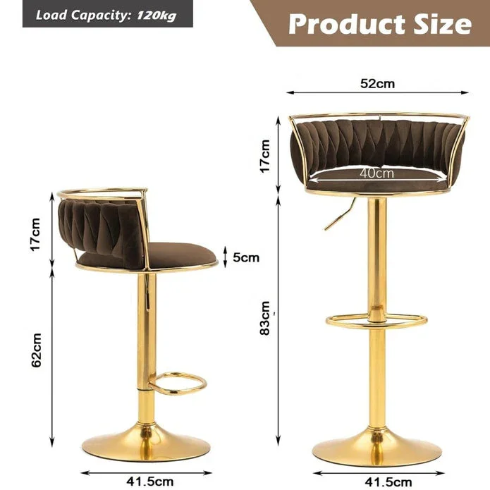 Golden Swivel Upholstered Velvet Adjustable Height Counter Stool with Metal Frame Coffee (Set of 2) - Image 6