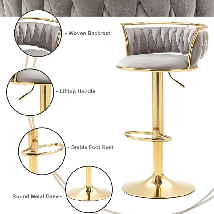 Golden Swivel Upholstered Velvet Adjustable Height Counter Stool with Metal Frame Grey (Set of 2) - Image 4
