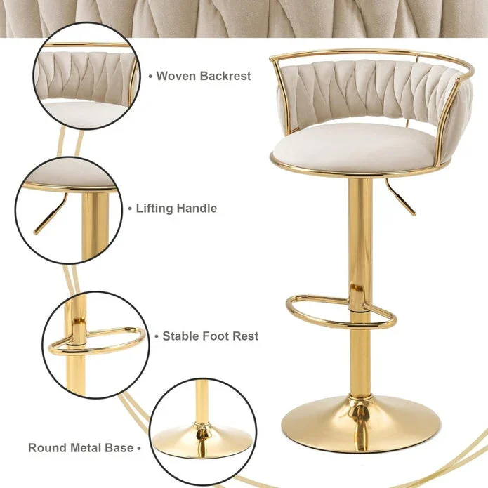 Golden Swivel Upholstered Velvet Adjustable Height Counter Stool with Metal Frame Ivory (Set of 2) - Image 6