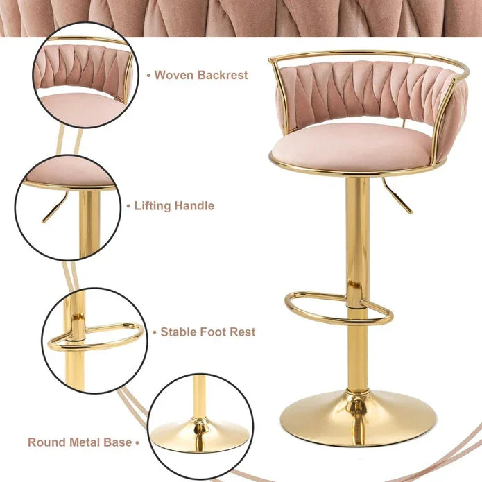 Golden Swivel Upholstered Velvet Adjustable Height Counter Stool with Metal Frame Pink (Set of 2) - Image 5