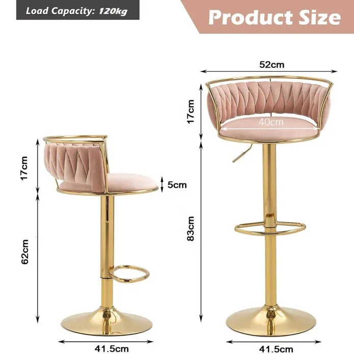Golden Swivel Upholstered Velvet Adjustable Height Counter Stool with Metal Frame Pink (Set of 2) - Image 6