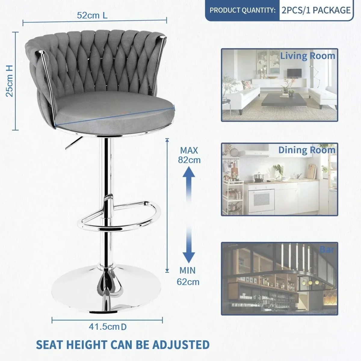Modern Silver Swivel Upholstered Velvet Adjustable Height Counter Stool with Metal Frame Grey (Set of 2) - Image 6