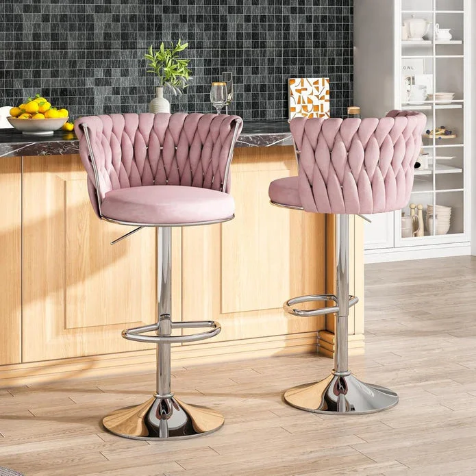 Modern Silver Swivel Upholstered Velvet Adjustable Height Counter Stool with Metal Frame Pink (Set of 2)