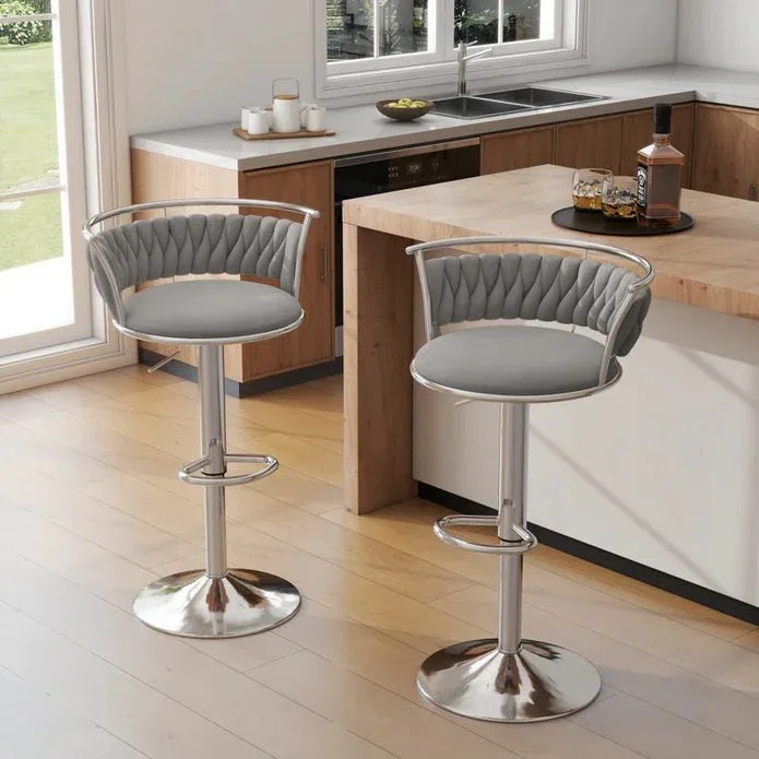 Silver Swivel Upholstered Velvet Adjustable Height Counter Stool with Metal Frame Grey (Set of 2) - Image 2