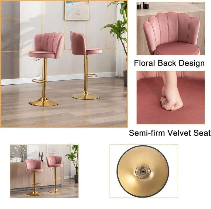Swivel Bar Stools Bar Height Set of 2 Adjustable Upholstered Counter Barstool Velvet Bar Chairs with Back/Gold Base for Kitchen Island/Bar/Cafe-Pink - Image 5
