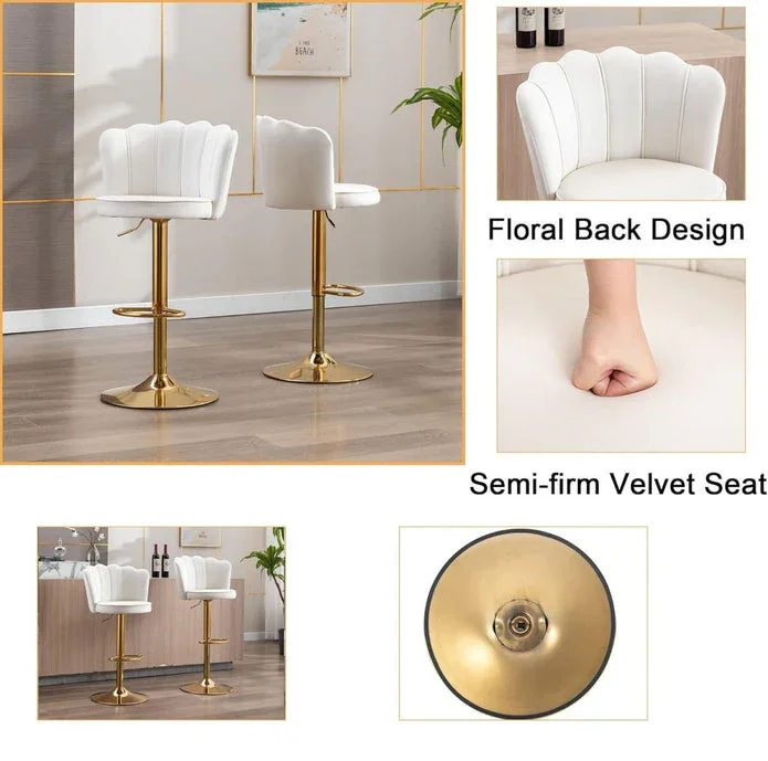 Swivel Bar Stools Bar Height Set of 2 Adjustable Upholstered Counter Barstool Velvet Bar Chairs with Back/Gold Base for Kitchen Island/Bar/Cafe-White - Image 5
