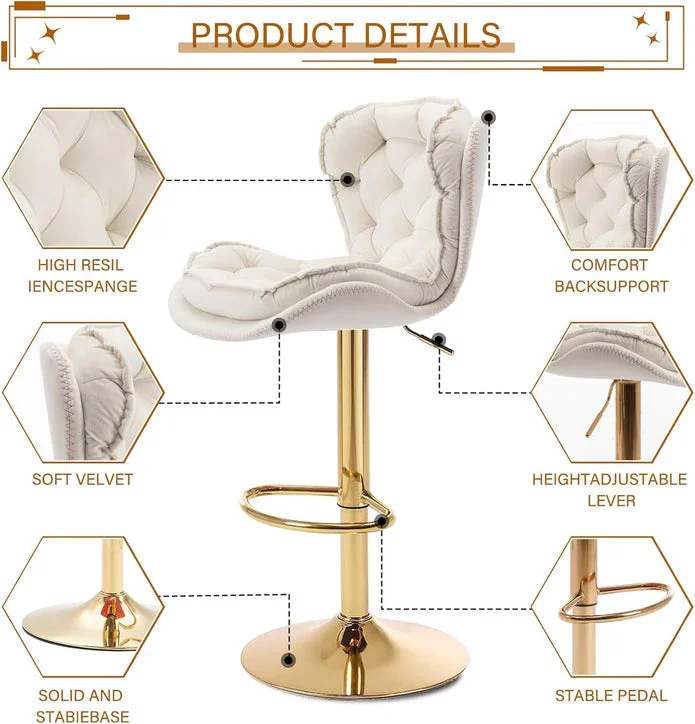 Swivel Bar Stools Set of 2 Counter Height Barstools with Back Velvet Upholstered Adjustable Stool Chair Min Century Modern Bar Stool for Kitchen Island (Ivory) - Image 6