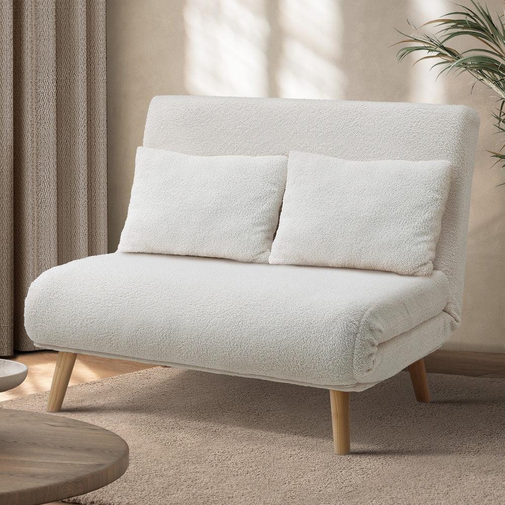 Lounge Sofa Bed Sherpa Fabric Double Seat White - Image 5