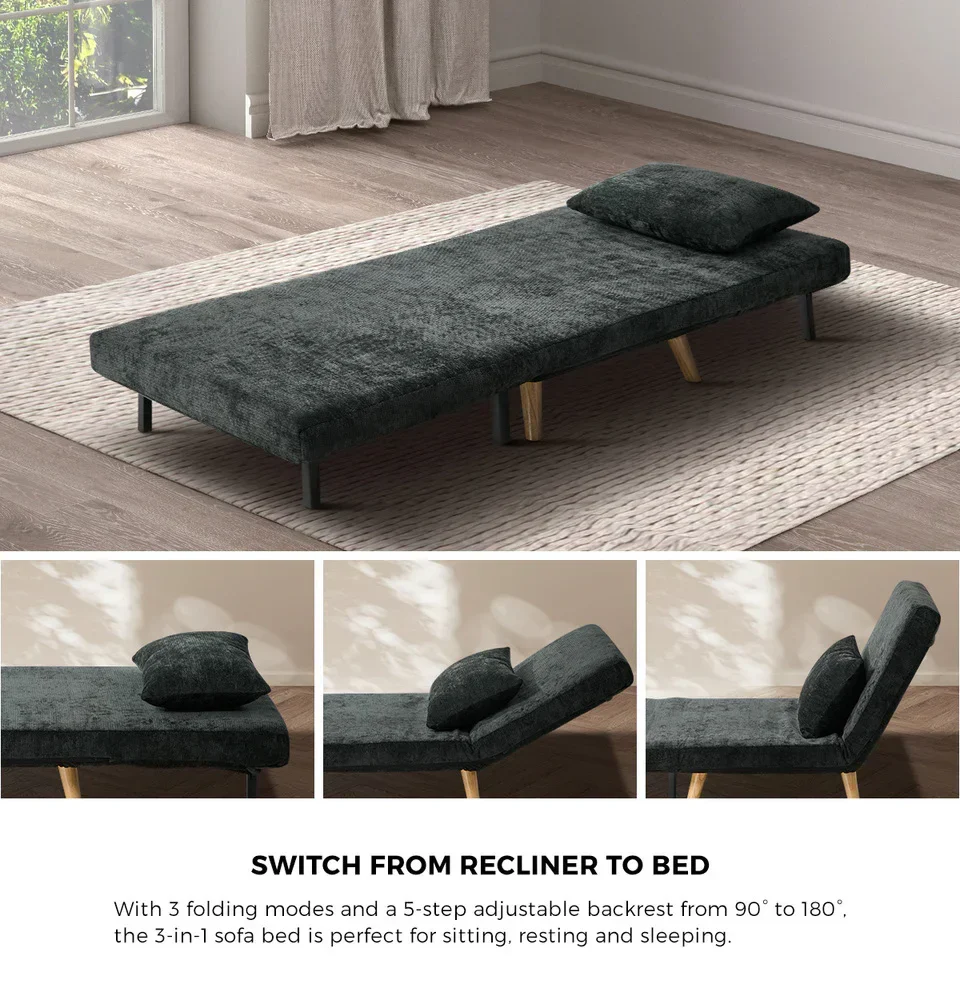 Sofa Bed Chair Chenille Recliner Wooden Leg Single Charcoal - Image 2