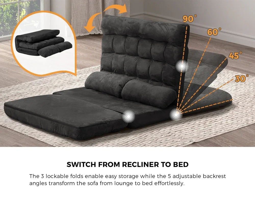 Lounge Sofa Bed Floor Recliner 2 seater Folding Charcoal - Image 2