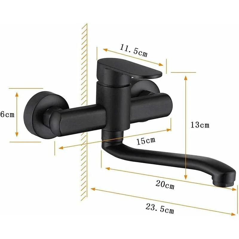 Single Handle Kitchen Faucet Wall Mounted High Quality Brass Body Black Projection 200Mm（G1/2） - Image 3