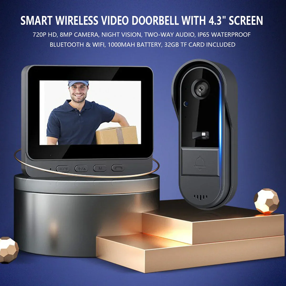 Smart Wireless Video Doorbell with 4.3" Screen HD 8MP Camera Night VisionTwo-Way Audio IP65 - Image 2