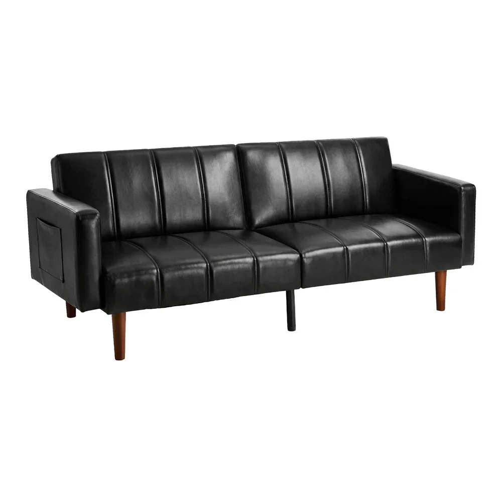 3-Seater Sofa Bed Convertible Recliner Faux Leather Black - Image 2