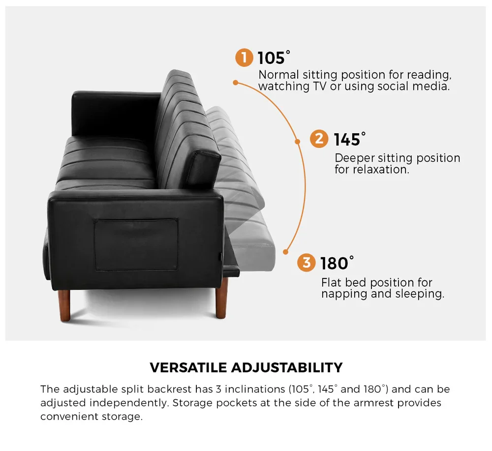 3-Seater Sofa Bed Convertible Recliner Faux Leather Black - Image 3