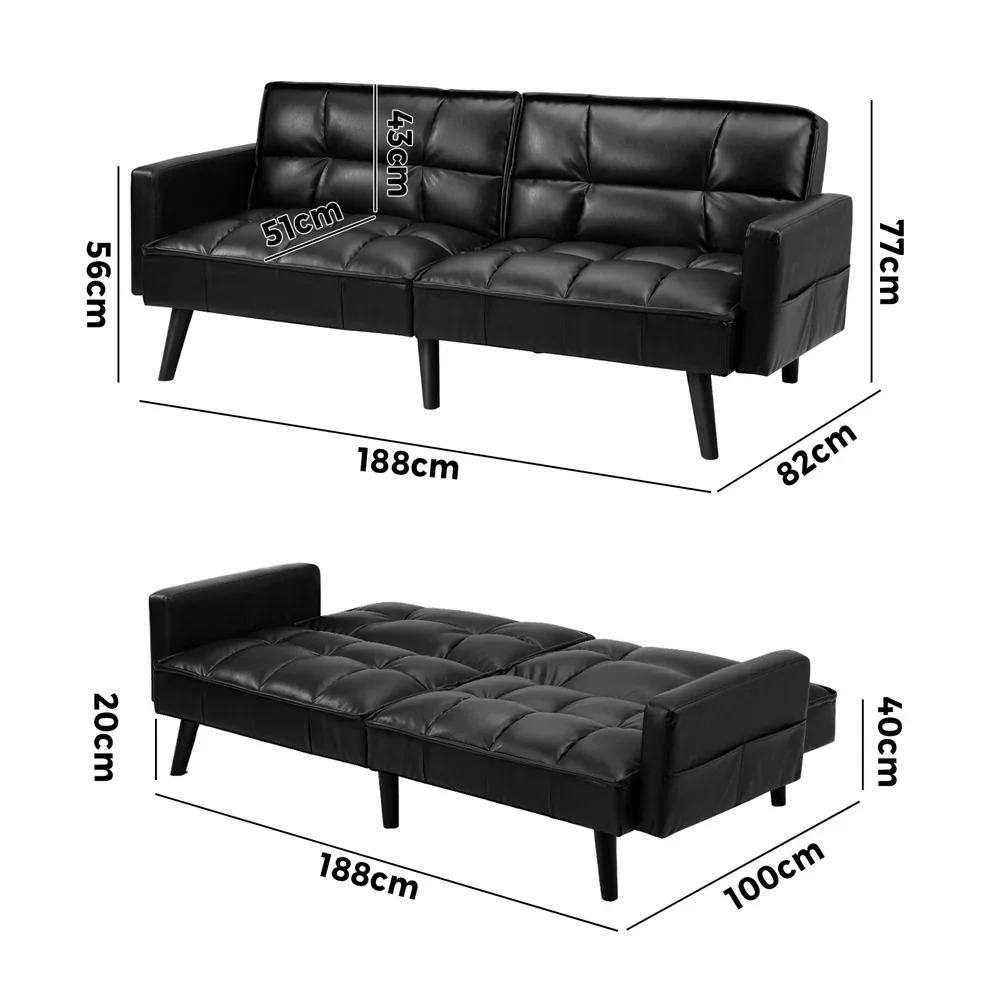 Sofa Bed Futon Convertible Leather 3-Seater Black - Image 2