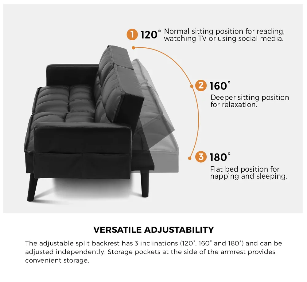 Sofa Bed Futon Convertible Leather 3-Seater Black - Image 3
