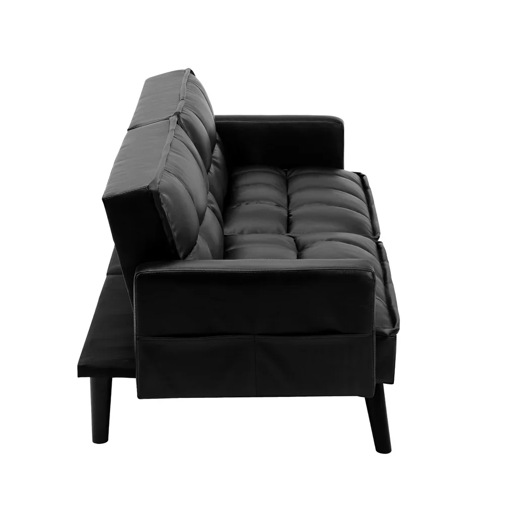 Sofa Bed Futon Convertible Leather 3-Seater Black - Image 4