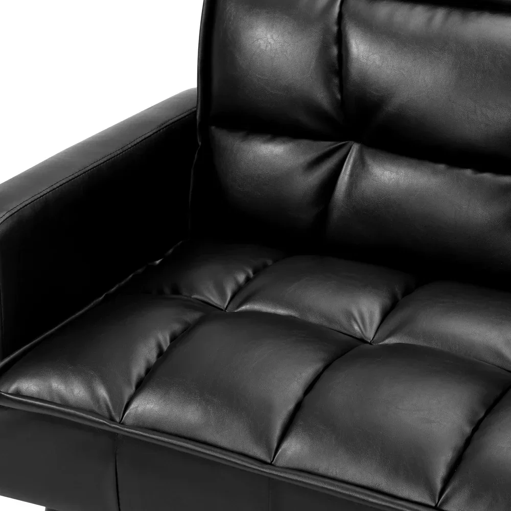 Sofa Bed Futon Convertible Leather 3-Seater Black - Image 5