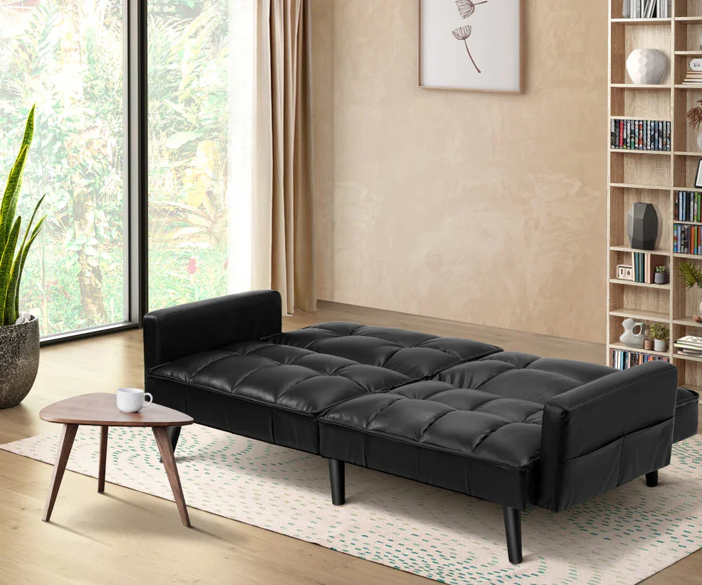 Sofa Bed Futon Convertible Leather 3-Seater Black - Image 6