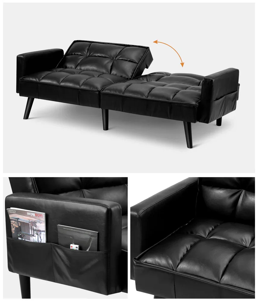 Sofa Bed Futon Convertible Leather 3-Seater Black - Image 7