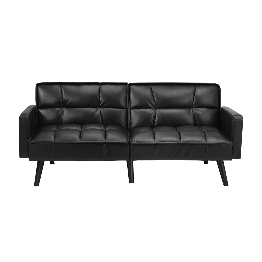 Sofa Bed Futon Convertible Leather 3-Seater Black - Image 8