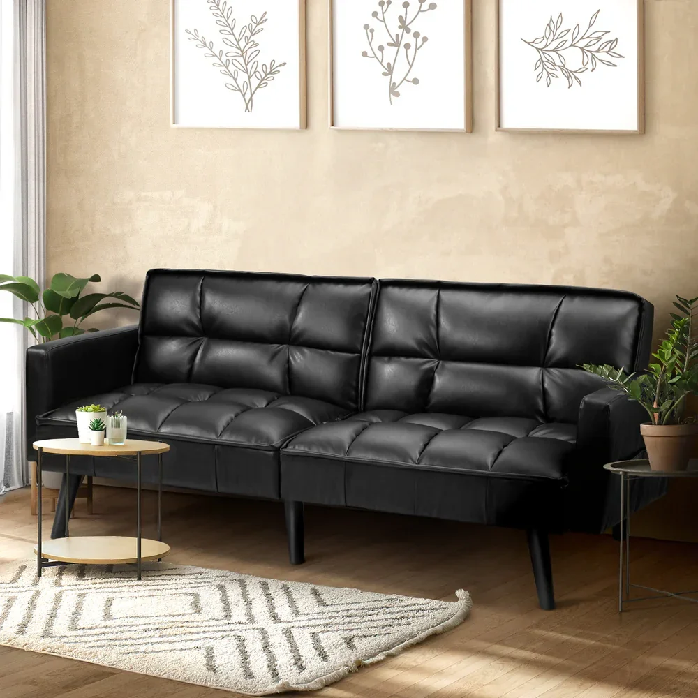 Sofa Bed Futon Convertible Leather 3-Seater Black - Image 9