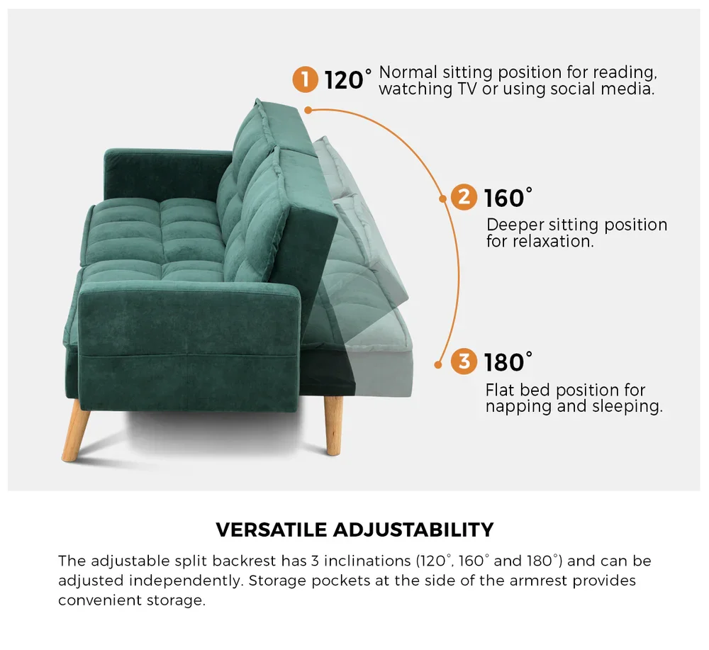 Sofa Bed Velvet 3-Seater Green - Image 2