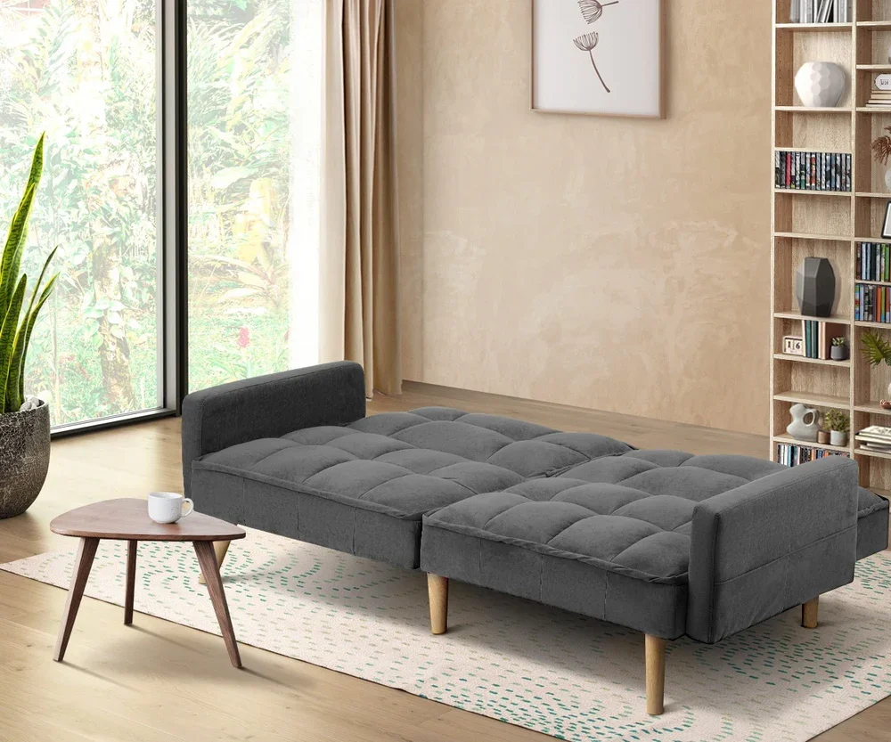 Sofa Bed Convertible Velvet 3-Seater Grey - Image 2